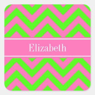 Hot Pink #2 Lime Green LG Chevron Name Monogram Square Sticker