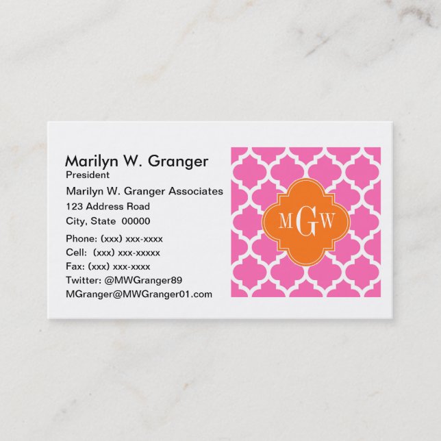 Hot Pink#2  Moroccan #5 Pumpkin 3 Initial Monogram Business Card (Front)