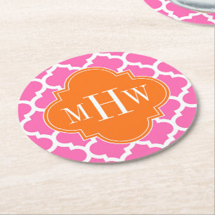 Hot Pink#2  Moroccan #5 Pumpkin 3 Initial Monogram Round Paper Coaster