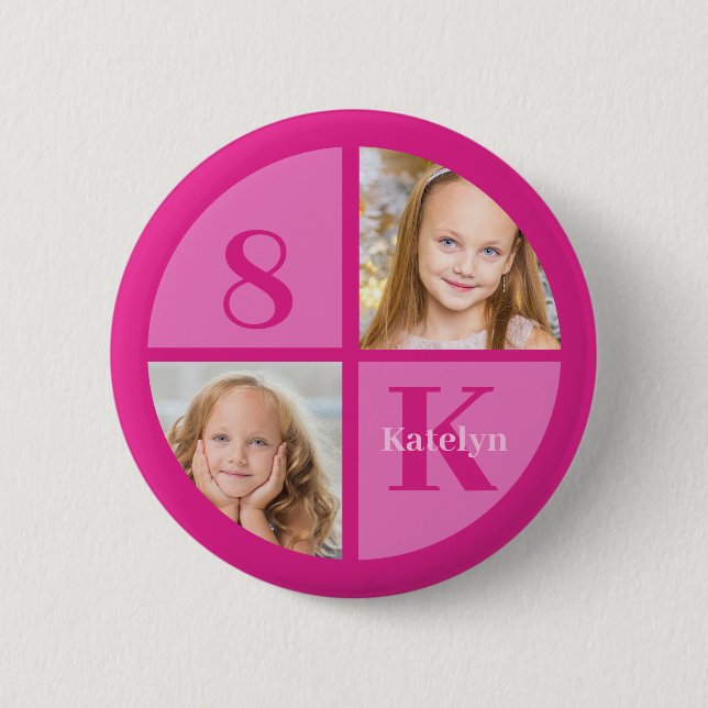 Hot Pink 2 Photo Personalized Birthday Girl Party Button (Front)