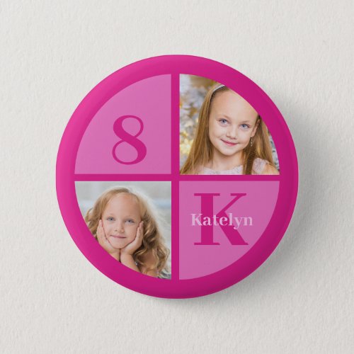 Hot Pink 2 Photo Personalized Birthday Girl Party Button