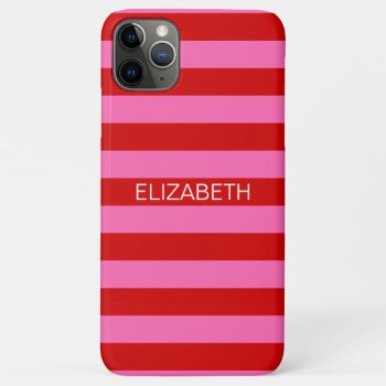Hot Pink #2  Red Horiz Preppy Stripe Name Monogram Iphone 11 Pro Max Case by FantabulousCases at Zazzle