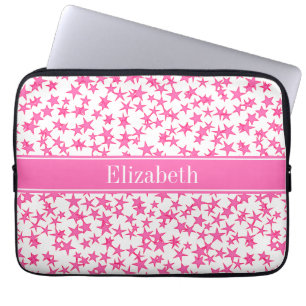 Hot Pink 2 Stars White BG, Hot Pink Name Monogram Laptop Sleeve