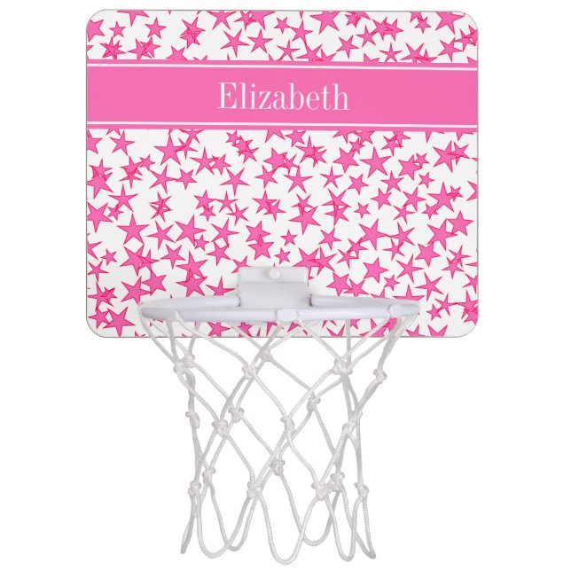 Hot Pink 2 Stars White BG, Hot Pink Name Monogram Mini Basketball Hoop (Front)
