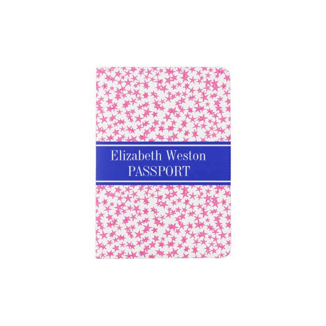 Hot Pink 2 Stars White BG, Hot Pink Name Monogram Passport Holder (Front)