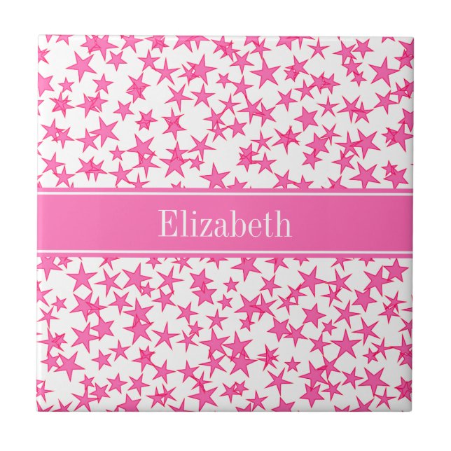 Hot Pink 2 Stars White BG, Hot Pink Name Monogram Tile (Front)