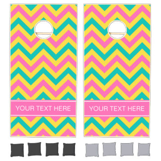 Hot Pink 2 Teal Pineapple LG Chevron Name Monogram Cornhole Set