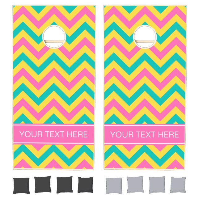 Hot Pink 2 Teal Pineapple LG Chevron Name Monogram Cornhole Set (Set)