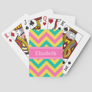 Hot Pink 2 Teal Pineapple LG Chevron Name Monogram Poker Cards