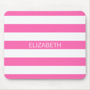 Hot Pink #2 White Horiz Preppy Stripe Monogram Mouse Pad