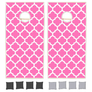 Hot Pink #2 White Moroccan Quatrefoil Pattern #5 Cornhole Set