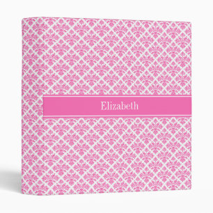 Hot Pink 2 Wht Damask #3 Hot Pink Name Monogram Binder