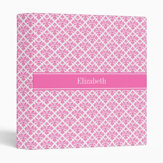 Hot Pink 2 Wht Damask #3 Hot Pink Name Monogram Binder (Front/Spine)