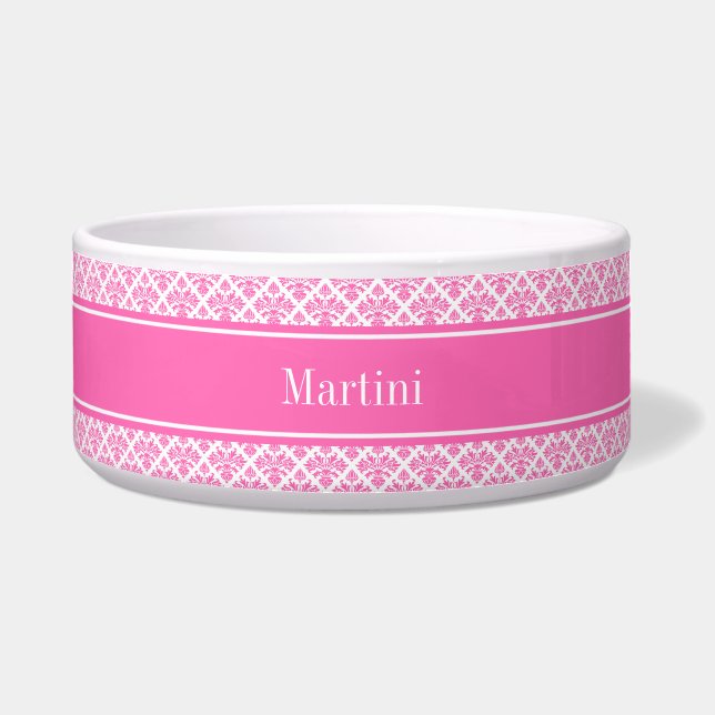 Hot Pink 2 Wht Damask #3 Hot Pink Name Monogram Bowl (Front)