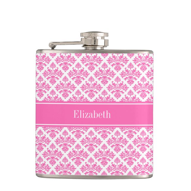Hot Pink 2 Wht Damask #3 Hot Pink Name Monogram Flask (Front)