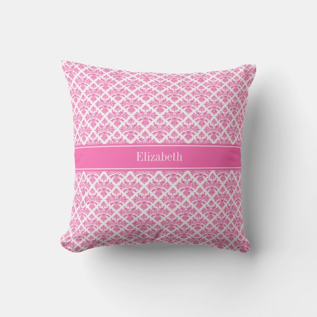Hot Pink 2 Wht Damask #3 Hot Pink Name Monogram Throw Pillow (Front)