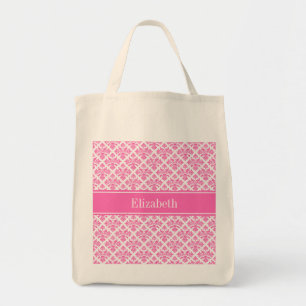 Hot Pink 2 Wht Damask #3 Hot Pink Name Monogram Tote Bag