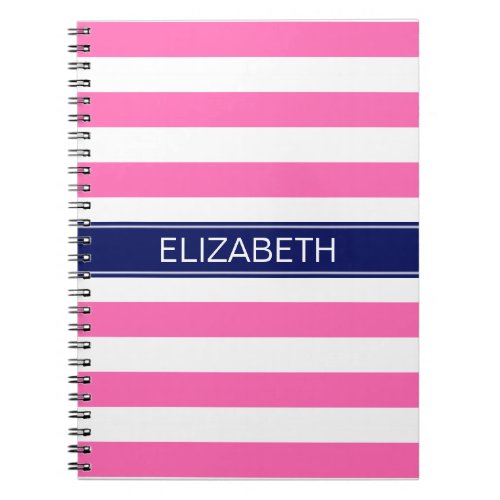 Hot Pink 2  Wht Horiz Stripe Navy Name Monogram Notebook