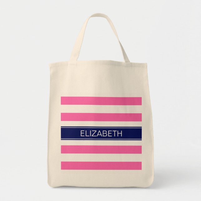 Hot Pink #2  Wht Horiz Stripe Navy Name Monogram Tote Bag (Front)