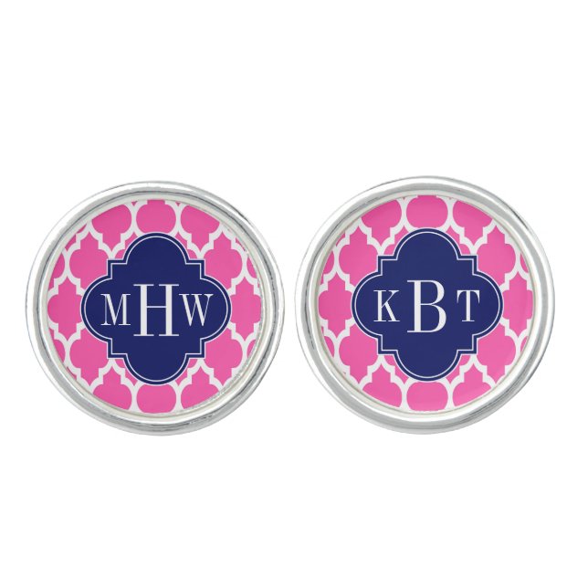 Hot Pink #2 Wht Moroccan #4 Navy Name Monogram Cufflinks (Front)