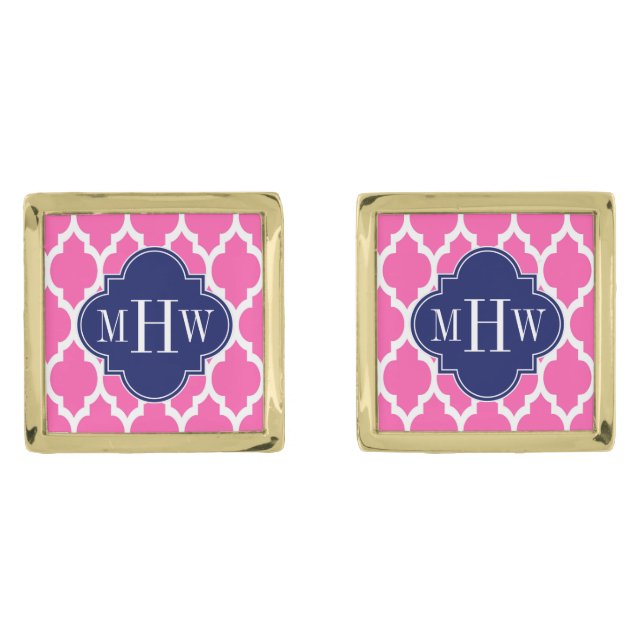 Hot Pink #2 Wht Moroccan #4 Navy Name Monogram Gold Cufflinks (Front)