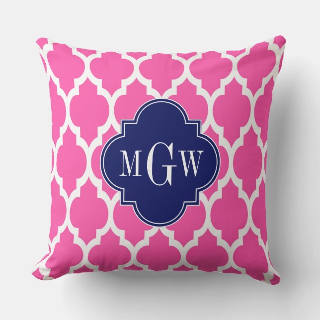 Hot Pink #2 Wht Moroccan #4 Navy Name Monogram Throw Pillow (Front)