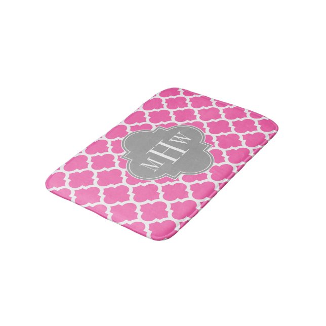 Hot Pink #2 Wht Moroccan #5 Dk Gray Name Monogram Bath Mat (Angled)