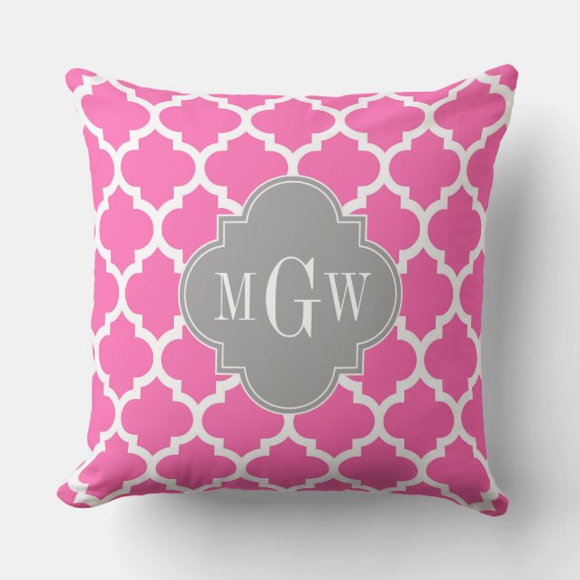 Hot Pink #2 Wht Moroccan #5 Dk Gray Name Monogram Throw Pillow (Front)