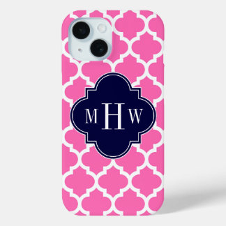 Hot Pink#2 Wht Moroccan #5 Navy 3 Initial Monogram iPhone 15 Case