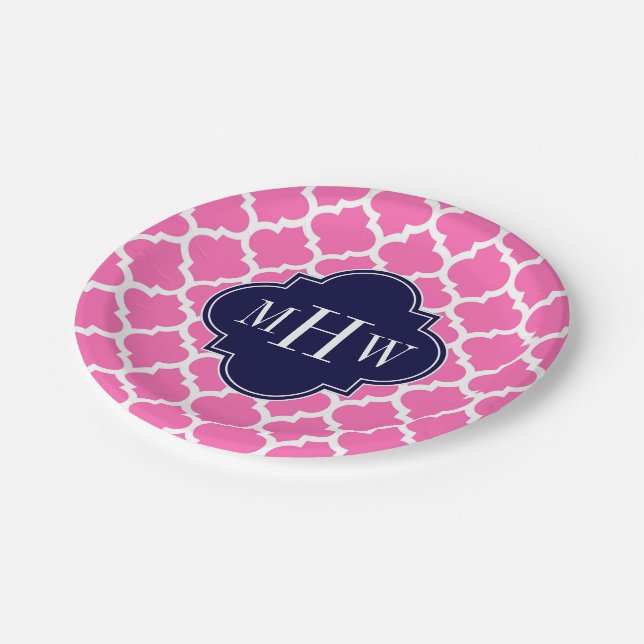 Hot Pink#2 Wht Moroccan #5 Navy 3 Initial Monogram Paper Plates (Angled)
