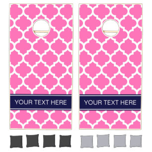 Hot Pink 2 Wht Moroccan #5 Navy Blue Name Monogram Cornhole Set