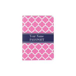 Hot Pink 2 Wht Moroccan #5 Navy Blue Name Monogram Passport Holder