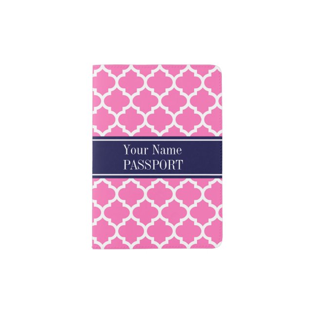 Hot Pink 2 Wht Moroccan #5 Navy Blue Name Monogram Passport Holder (Front)