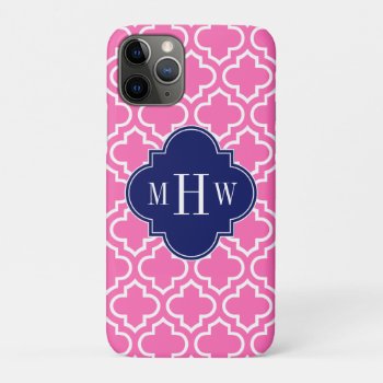 Hot Pink#2 Wht Moroccan #6 Navy 3 Initial Monogram Iphone 11 Pro Case by FantabulousCases at Zazzle