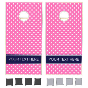 Hot Pink #2 Wht Polka Dots Navy Blue Name Monogram Cornhole Set