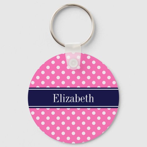 Hot Pink 2 Wht Polka Dots Navy Blue Name Monogram Keychain