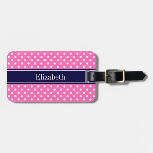 Hot Pink 2 Wht Polka Dots Navy Blue Name Monogram Luggage Tag