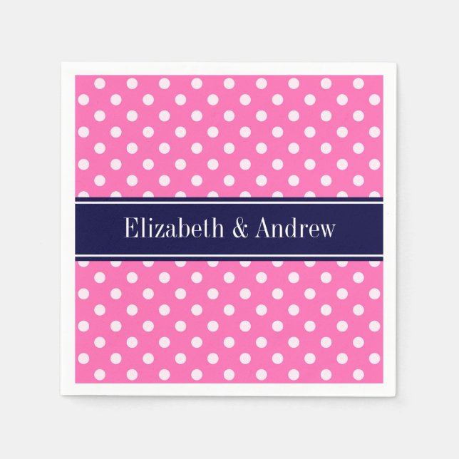 Hot Pink #2 Wht Polka Dots Navy Blue Name Monogram Napkins (Front)