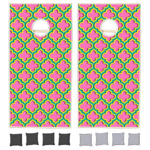 Hot Pink #2, Yellow, Teal Moroccan Quatrefoil #5DS Cornhole Set