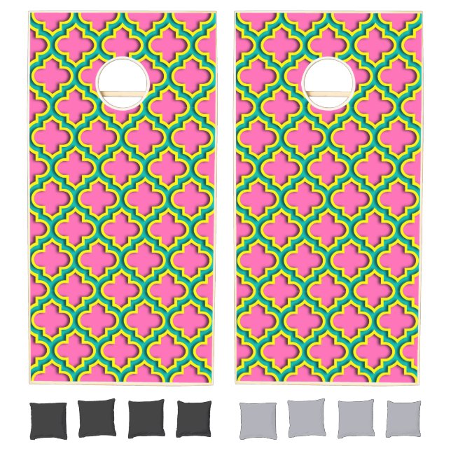 Hot Pink #2, Yellow, Teal Moroccan Quatrefoil #5DS Cornhole Set (Set)