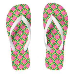 Hot Pink #2, Yellow, Teal Moroccan Quatrefoil #5DS Flip Flops