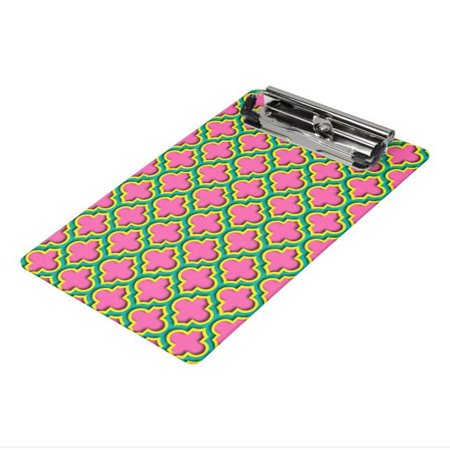 Hot Pink #2, Yellow, Teal Moroccan Quatrefoil #5DS Mini Clipboard (Angled3)