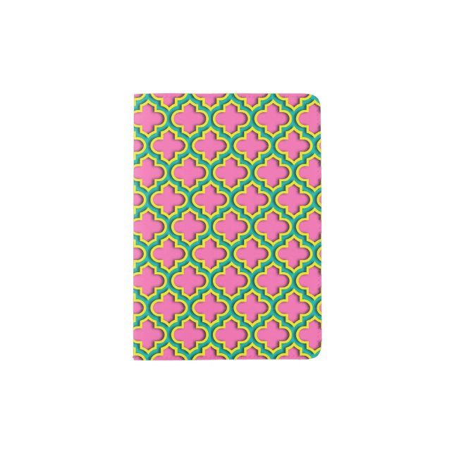 Hot Pink #2, Yellow, Teal Moroccan Quatrefoil #5DS Passport Holder (Front)