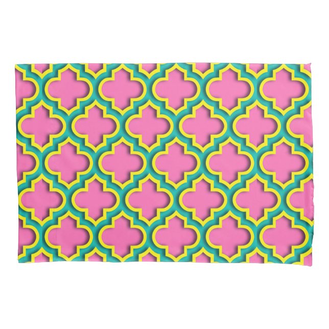 Hot Pink #2, Yellow, Teal Moroccan Quatrefoil #5DS Pillow Case (Front)
