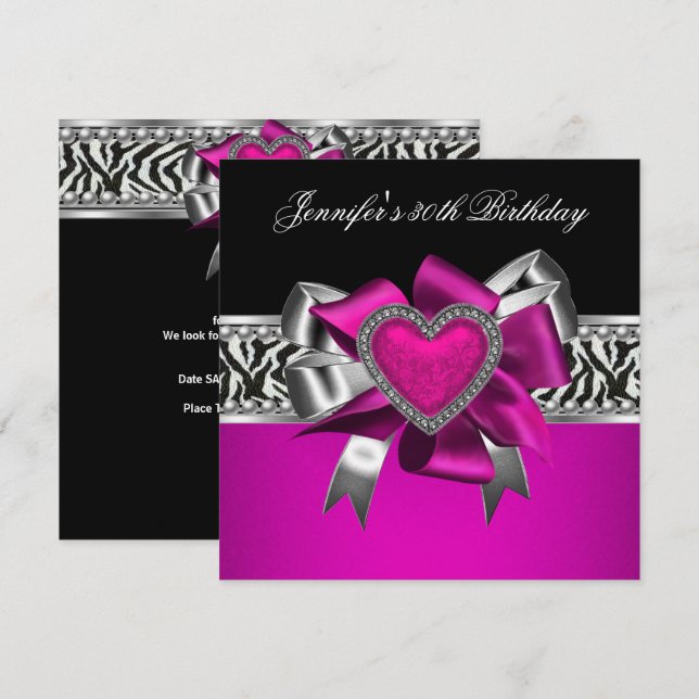 Hot Pink 30th Birthday Party Zebra Black Invitation (Front/Back)