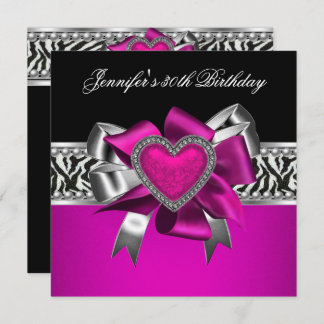 Hot Pink 30th Birthday Party Zebra Black Invitation