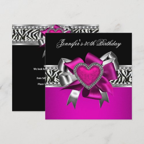 Hot Pink 30th Birthday Party Zebra Black Announcements