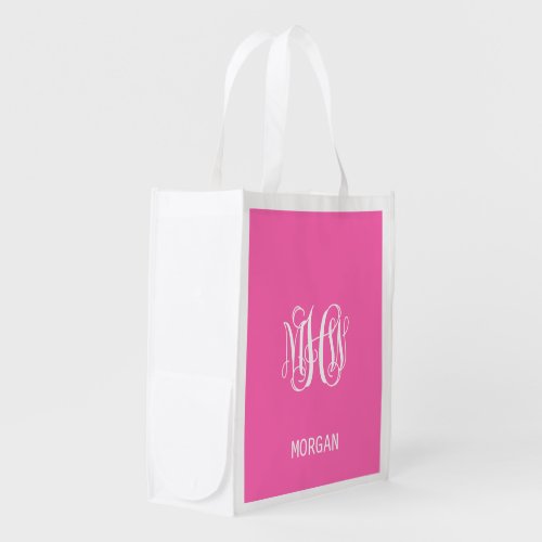 Hot Pink 3 Init White Vine Script Monogram DIY BG Grocery Bag