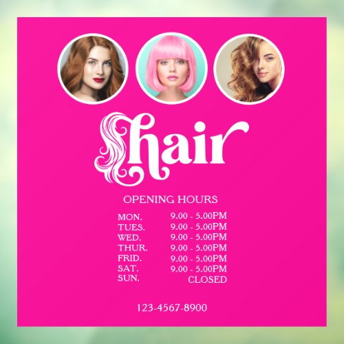 Hot Pink 3 Photo Hair Salon Opening Hours Window Cling