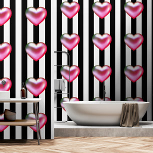 Hot pink 3d heart black white stripes wallpaper
